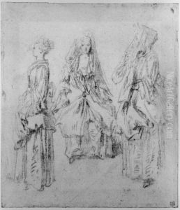 Tre kvinnostudier, en sittande och tva staende kvinnor by Jean-Antoine Watteau