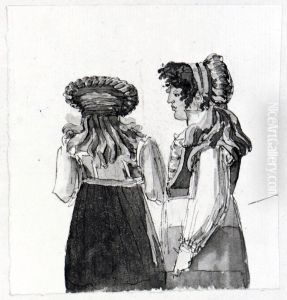 Allmogedrakter. Skansk bondflicka sedd bakifran och fran sidan by Carl August Ehrensvard