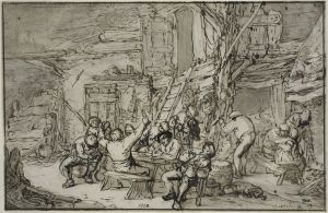 Vardshusinterior med fiolspelare by Adriaen van Ostade