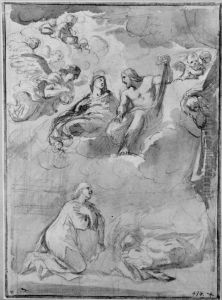 A Vision of Christ and the Madonna. In the foreground a kneeling young man by Pier Francesco Mola