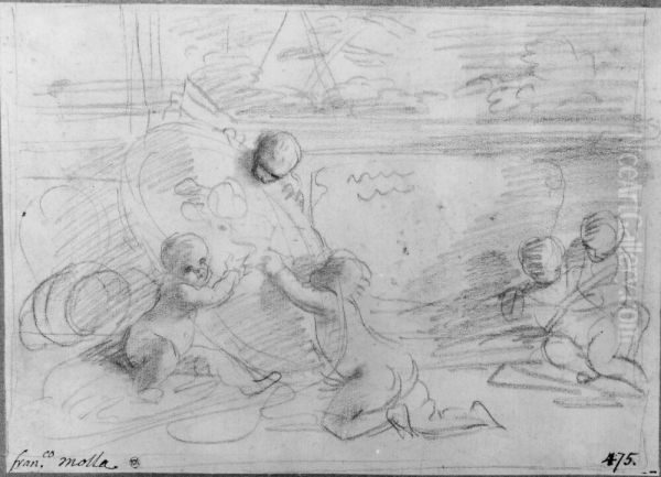 Five putti in a classical landscape - view 1