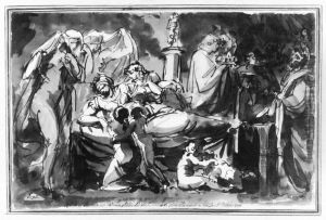 Avbild av familj och vanners gladje for grevinnand de Geers aterfunna halsa by Johan Tobias Sergel