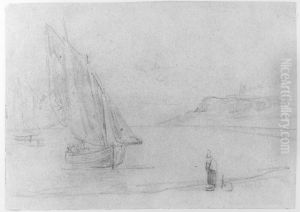 Strandlandskap med inseglande fiskebatar by Eugene Louis Boudin