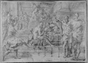 Odysseus skjuter med sin bage i narvaro av Penelopes friare by Francesco Primaticcio