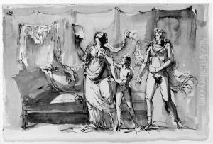 Scen ur dramatiskt skadespel. Marcia laser vaxtavlan by Johan Tobias Sergel