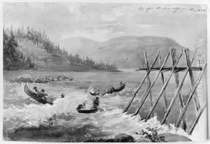 Nedfor Kalixalven. Skissbok "Reseminnen fran Norrland 1858" by Fritz Von Dardel