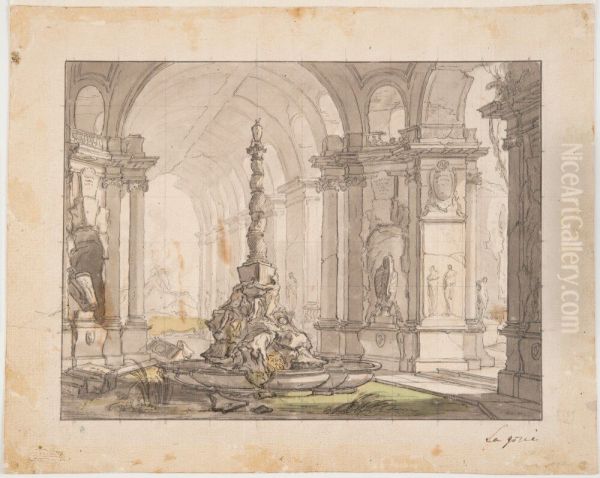Fountain with twisted central column underneath a collonade - view 1