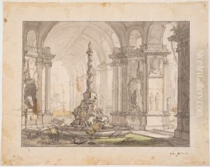 Fountain with twisted central column underneath a collonade by Jacques de Lajoue
