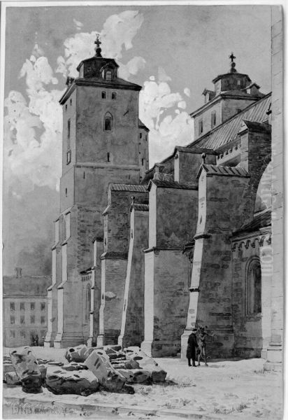 Lunds domkyrka. Langhus och torn fran sydost, en prastman och djavulen som staffagefigurer - view 1