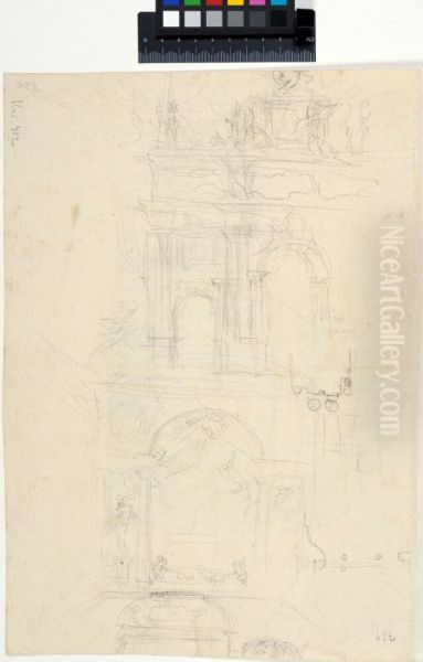 Studies for a Wall Elevation and Vault Profile of a State Bedchamber with Alcove. Also a study for a triumphal arch - view 1