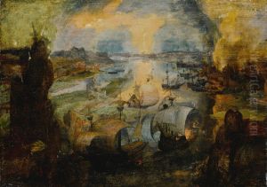 Seascape with ships and a burning city