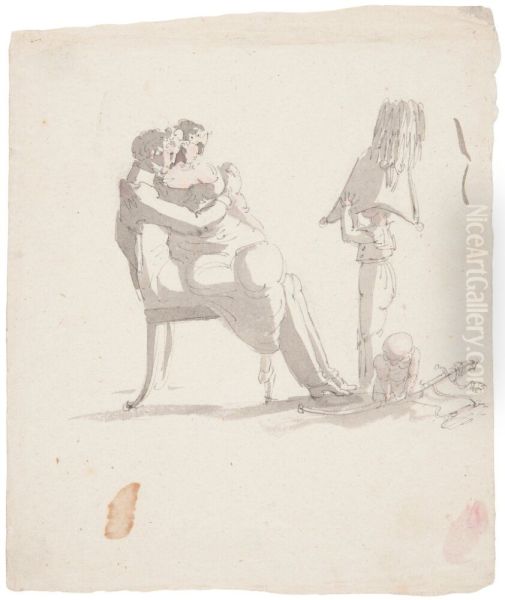 Familjeidyll. Familjen Adelborg. Per Otto med Lovisa Eleonora i sin famn pa en stol. Lekande bredvid Anders Otto med fars officershatt, och Bror Jacob med fars sabel. - view 1