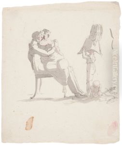 Familjeidyll. Familjen Adelborg. Per Otto med Lovisa Eleonora i sin famn pa en stol. Lekande bredvid Anders Otto med fars officershatt, och Bror Jacob med fars sabel. by Per Otto Adelborg