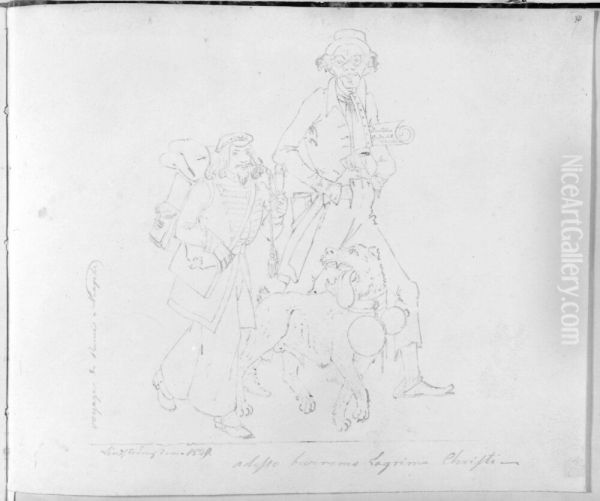 Tva man och en hund pa vandring, helfigur. Ingar i skissbok innehallande 30 blad med italienska folklivsscener - view 1