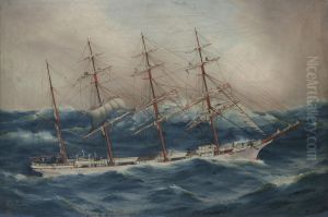 'Port Stanley', a four masted barque in a heavy sea, probably rounding Cape Horn by Thomas G. Purvis