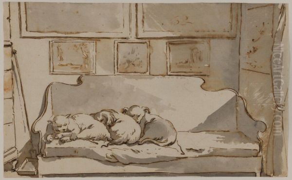 A Cat and Two Dogs Sleeping on a Sofa - view 1