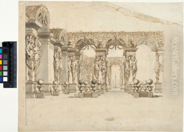 Decor for Theatre. Garden with a pergola carried by caryatids - view 1