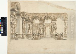 Decor for Theatre. Garden with a pergola carried by caryatids Decor for Theatre. Garden with a pergola carried by caryatids