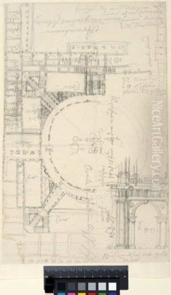 Tessin's First Project for the Louvre, Paris. Plan of a circular court surrounded by arcades. Also an elevation detail - view 1
