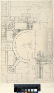 Tessin's First Project for the Louvre, Paris. Plan of a circular court surrounded by arcades. Also an elevation detail