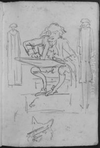 Sittande tecknare samt tva andra mansfigurer. Ingar i skissbok om 46 blad by Francois-Andre Vincent