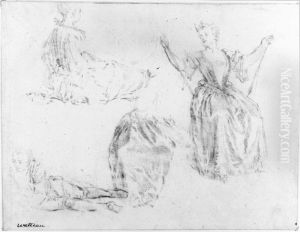 Tre kvinnostudier. Man liggande pa marken by Jean-Antoine Watteau