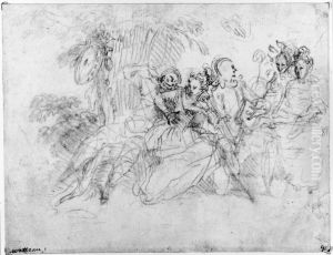 Italienska komedianter sittande under ett trad by Jean-Antoine Watteau