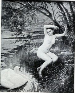 Jeune fille effrayee par un cygne