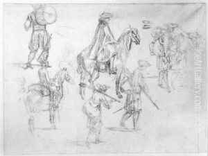 Fem marscherande soldater samt tva officerare till hast by Jean-Antoine Watteau
