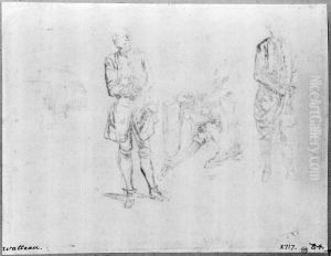 En kock, en sittande man som tecknar samt en staende man by Jean-Antoine Watteau