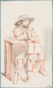 Skaggig savoyard som sitter med armbagen stodd pa sin kuriositetslada by Jean-Antoine Watteau