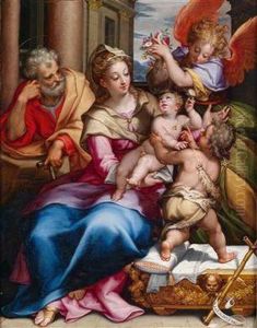 Die Heilige Familie Mit Demjohannesknaben Und Einem Engel Mit Blumen by Denys Calvaert