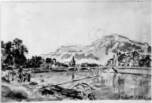 Bergigt landskap med vatten, trad och hus by Johan Jongkind