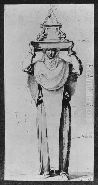 Figure dressed as Egyptian caryatid - view 1