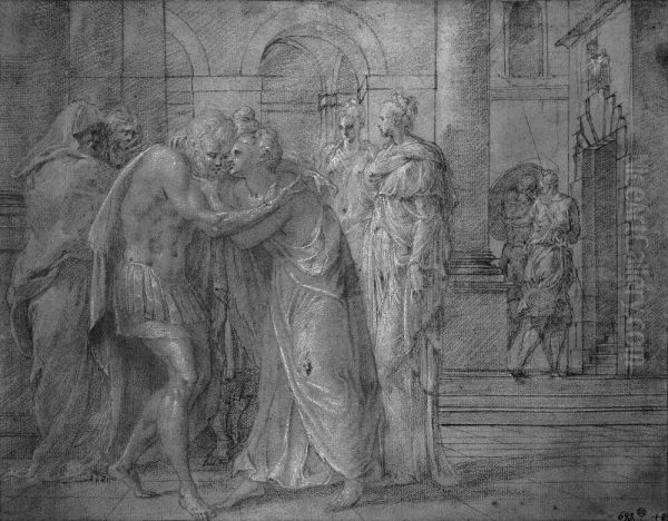 Odysseus och Penelope mots och omfamnar varandra - view 1