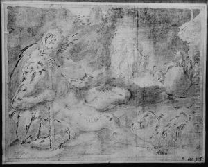 Odysseus och hans kamrater narmar sig platsen dar Polyfemus vaktar sina far by Francesco Primaticcio