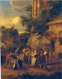 Marskramers en een scharensliep met hun klanten in een landschap by Elisabeth Seldron