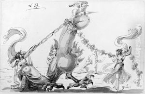Phallos som tyglas av tva kvinnor by Johan Tobias Sergel