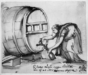 Illustration till visan "Pa lifvets modosamma strat". Andra versen 2. "Ej heller nansin ryggen kroka om ej av tunnan tappa" by Johan Tobias Sergel