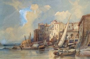 Mediterranean Harbour Scene; Watercolour, Signed With Initials Anddated 1844, 16x24.5cm