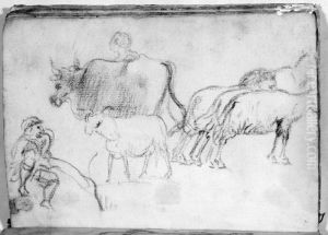 Far, en ko och en get samt tva figurer. Ingar i "sena skissboken" by Claude Lorrain (Claude Gellee)