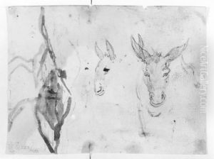 Two Studies of Horses' or Mules' Heads and a Sketch of Distant Hills