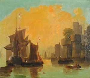 A Harbor Scene With A Castle In The Foreground by Edward Calvert