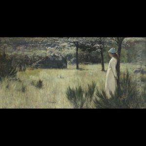 The Young Shepherdess And Her Goat In A Springtimepasture by Edwin Sherwood Calvert