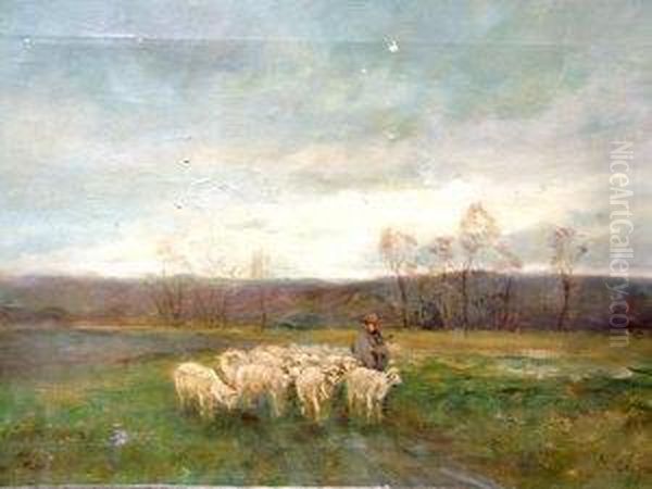 Clavert, -- Shepherd And His Flock In A Field At Dusk - view 1