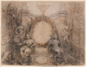 Allegoriska figurer omgivande ett portratt by Charles de La Fosse