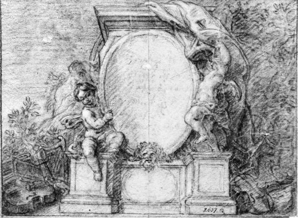 Putti lyftande slojan av inskription - view 1