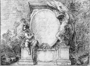 Putti lyftande slojan av inskription by Charles de La Fosse