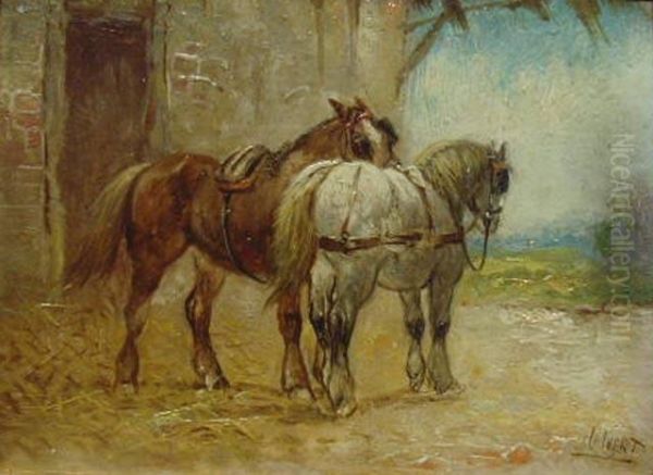 ' Paar Pferde Vor Dem Stall', Ol/lwd. - view 1