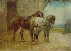 ' Paar Pferde Vor Dem Stall', Ol/lwd.